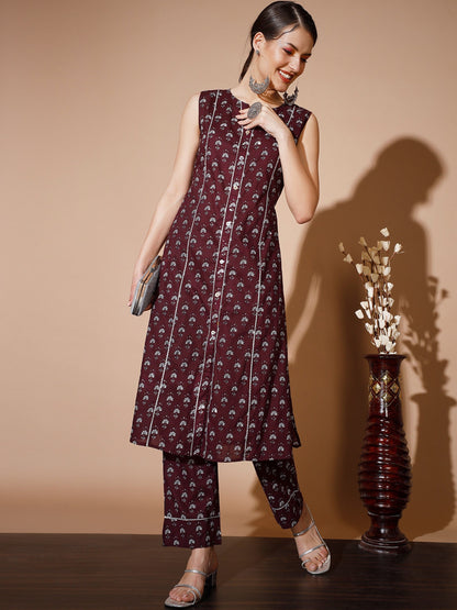 Women's Rust Floral Kurta & Trousers