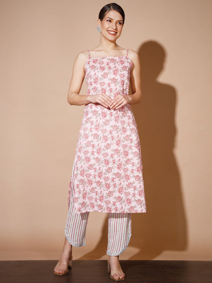 Women's Pink Printed Kurta & Trousers