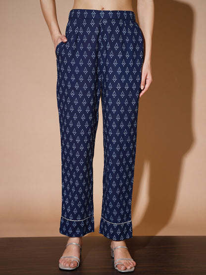 Women's Blue Printed Kurta & Trousers