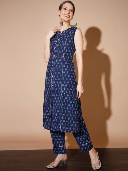 Women's Blue Printed Kurta & Trousers
