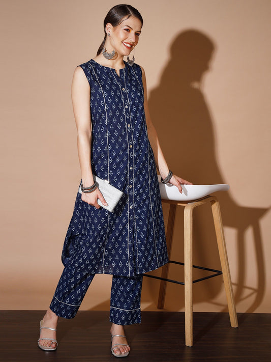 Women's Blue Printed Kurta & Trousers