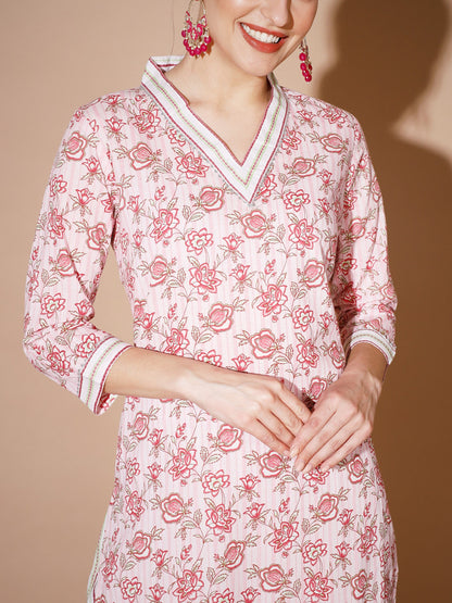 Women's Pink Floral Kurta & Trousers
