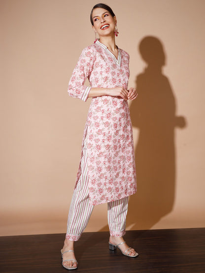 Women's Pink Floral Kurta & Trousers