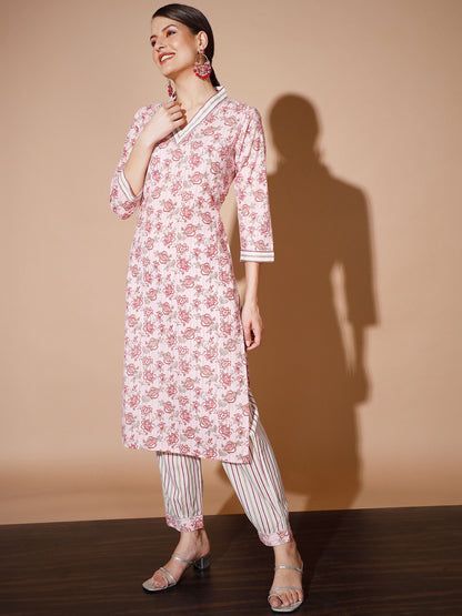 Women's Pink Floral Kurta & Trousers