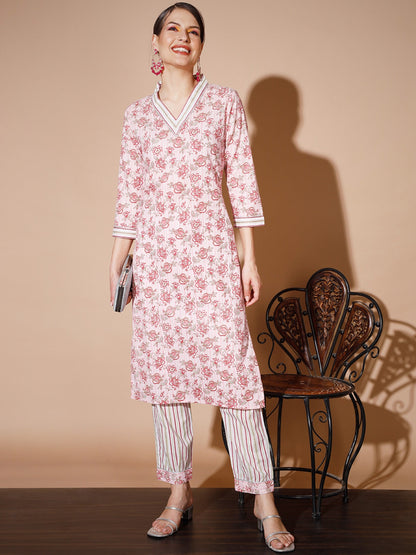 Women's Pink Floral Kurta & Trousers