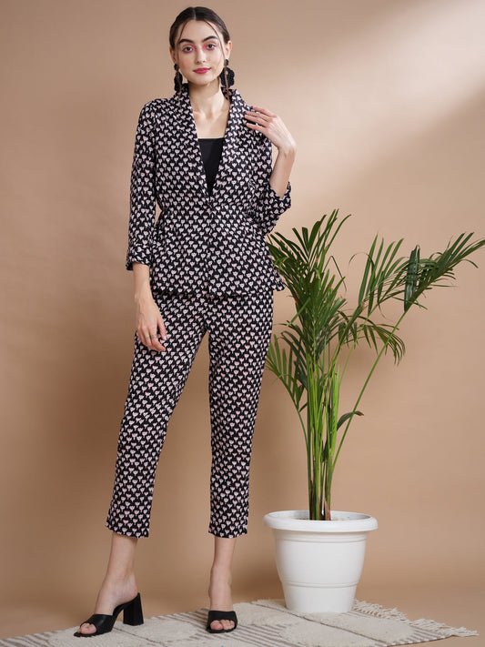 Women's Black Shawl Neck Coat With Trousers