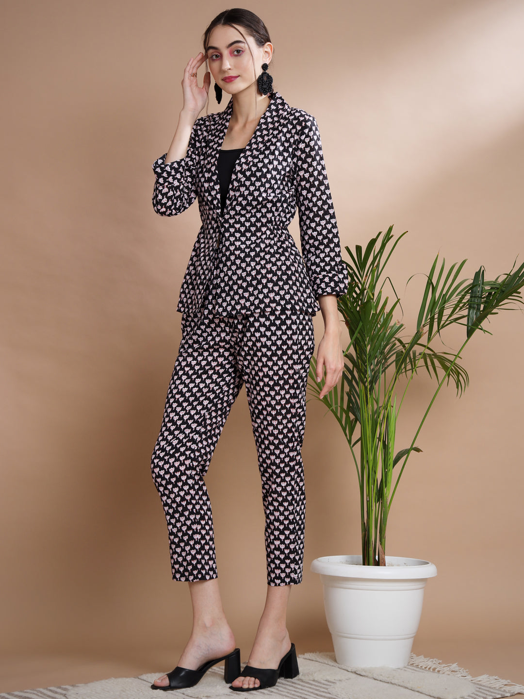 Women's Black Shawl Neck Coat With Trousers