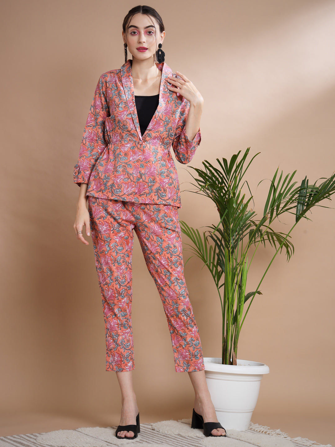 Women's Multi Shawl Neck Coat With Trousers