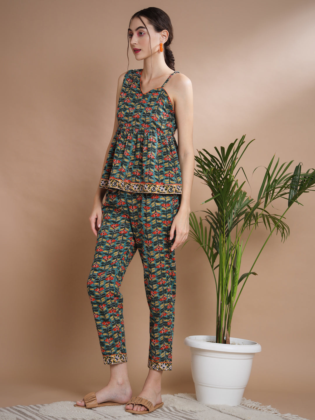 Women's Green One Shoulder Top With Trousers
