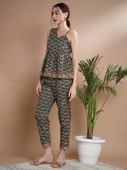 Women's Green One Shoulder Top With Trousers