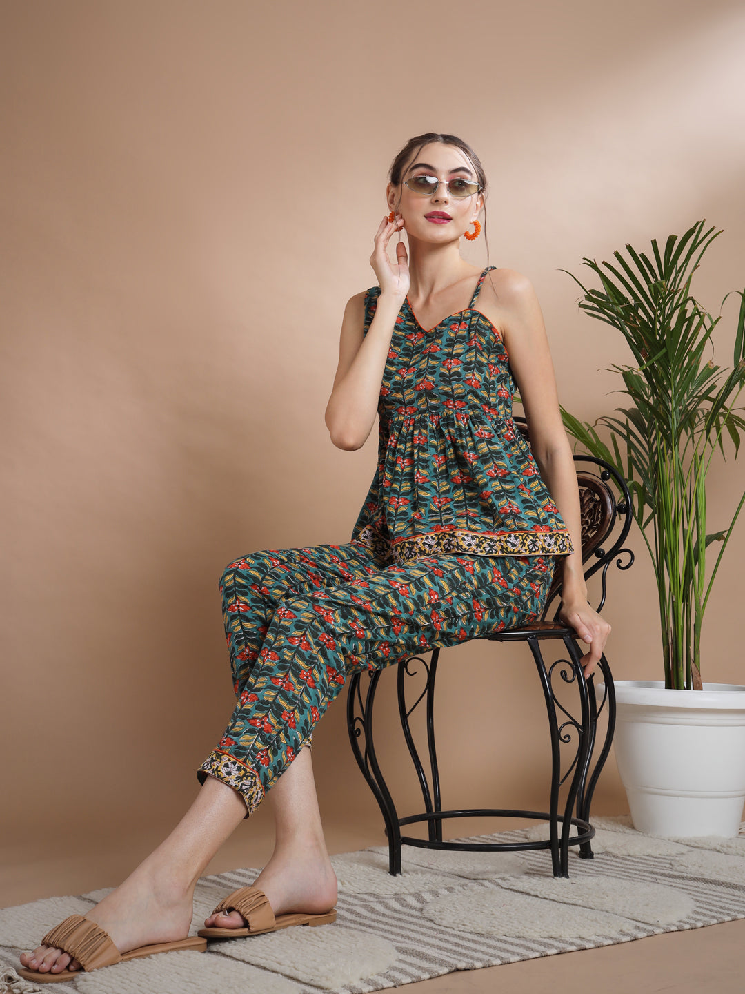 Women's Green One Shoulder Top With Trousers