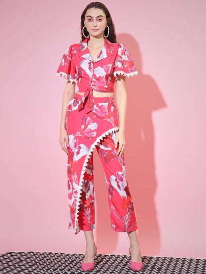 Women's Pink Shawl Neck Top With Trousers