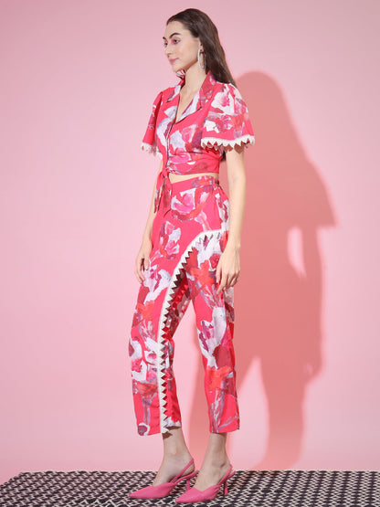 Women's Pink Shawl Neck Top With Trousers