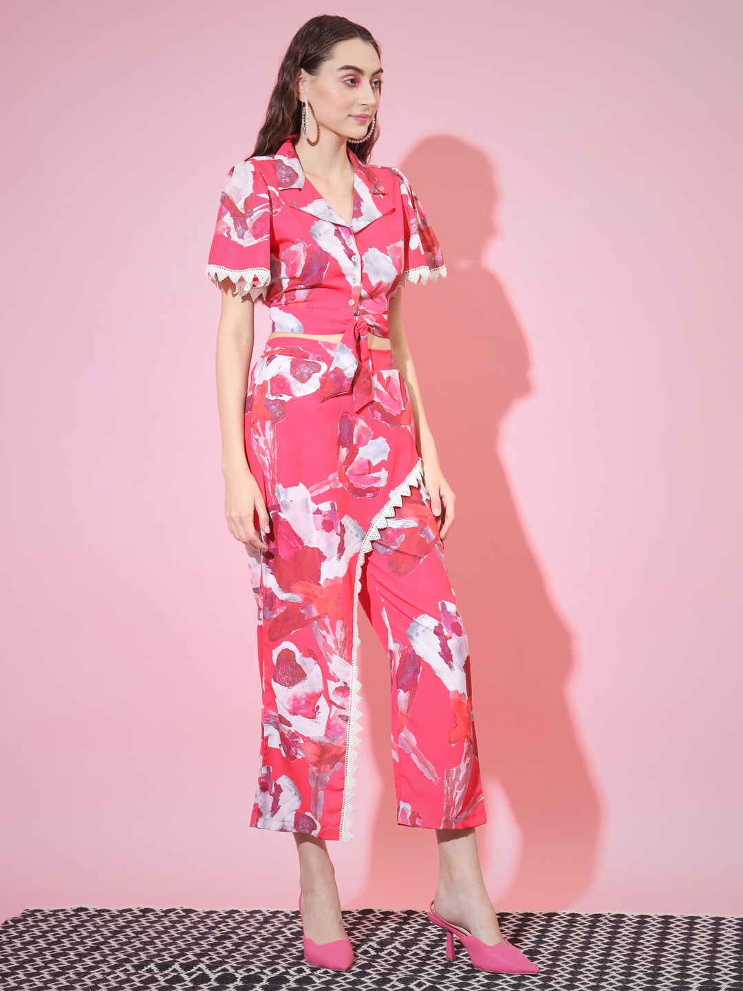 Women's Pink Shawl Neck Top With Trousers