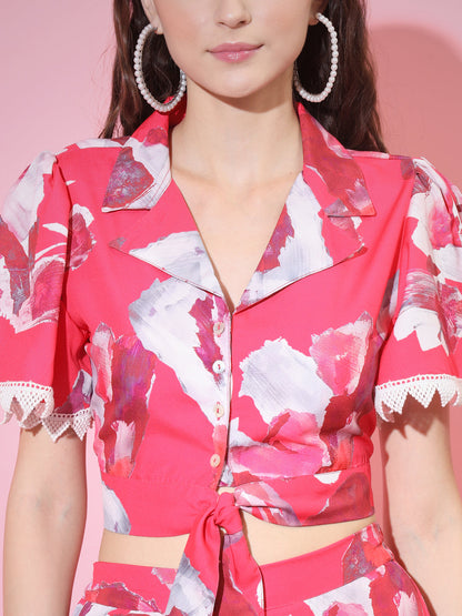 Women's Pink Shawl Neck Top With Trousers