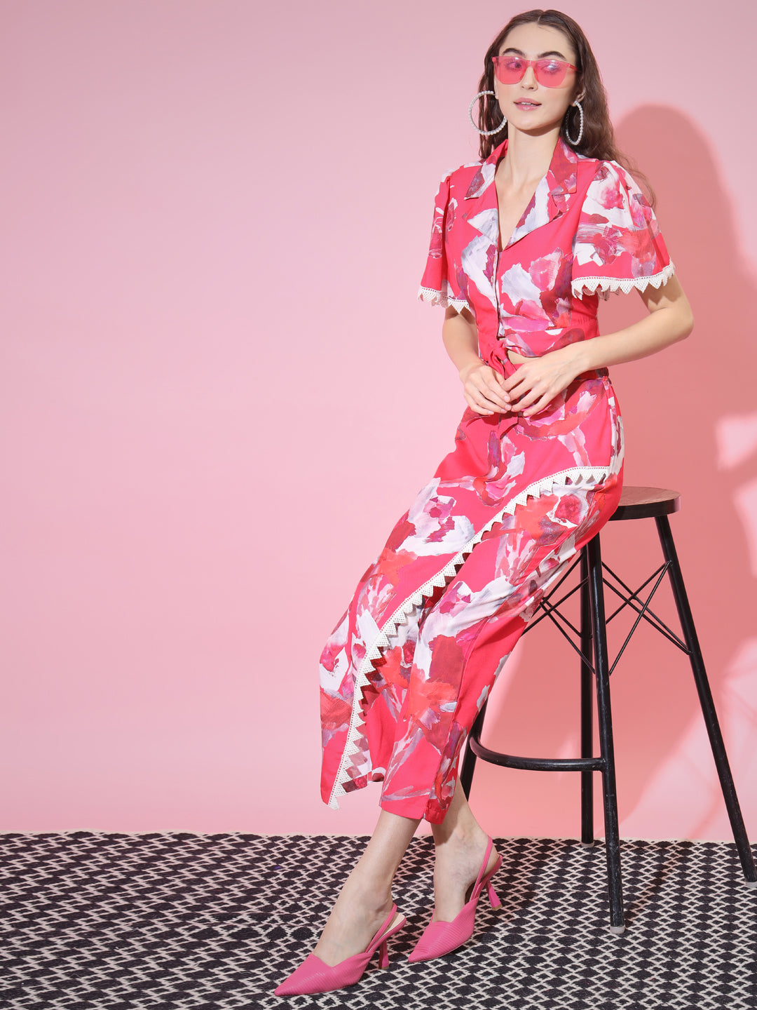 Women's Pink Shawl Neck Top With Trousers