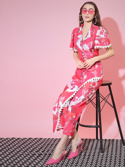Women's Pink Shawl Neck Top With Trousers