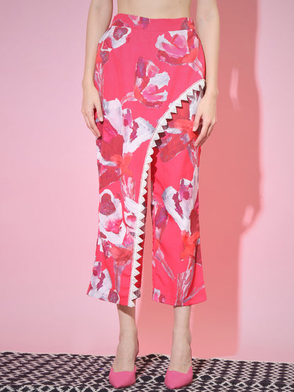 Women's Pink Shawl Neck Top With Trousers