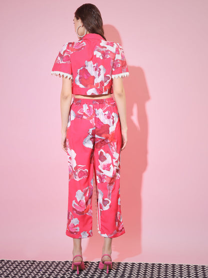 Women's Pink Shawl Neck Top With Trousers