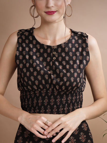 Women's Black Round Neck Top With Skirt