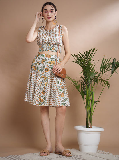 Women's Multi Round Neck Top With Skirt