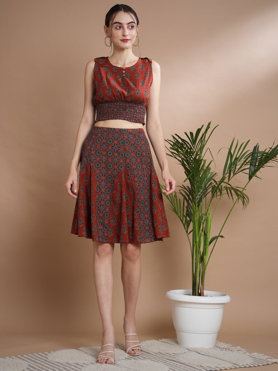 Women's Rust Round Neck Top With Skirt