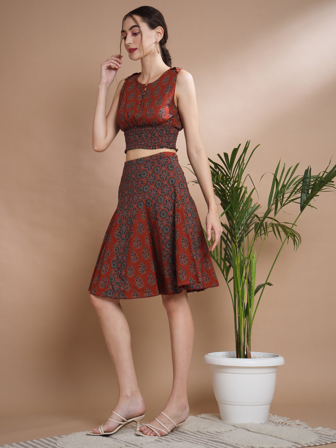 Women's Rust Round Neck Top With Skirt