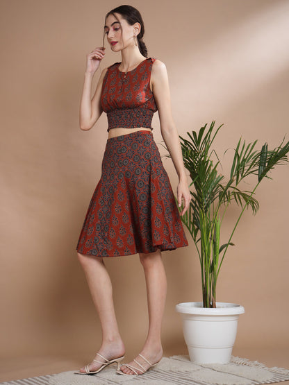 Women's Rust Round Neck Top With Skirt