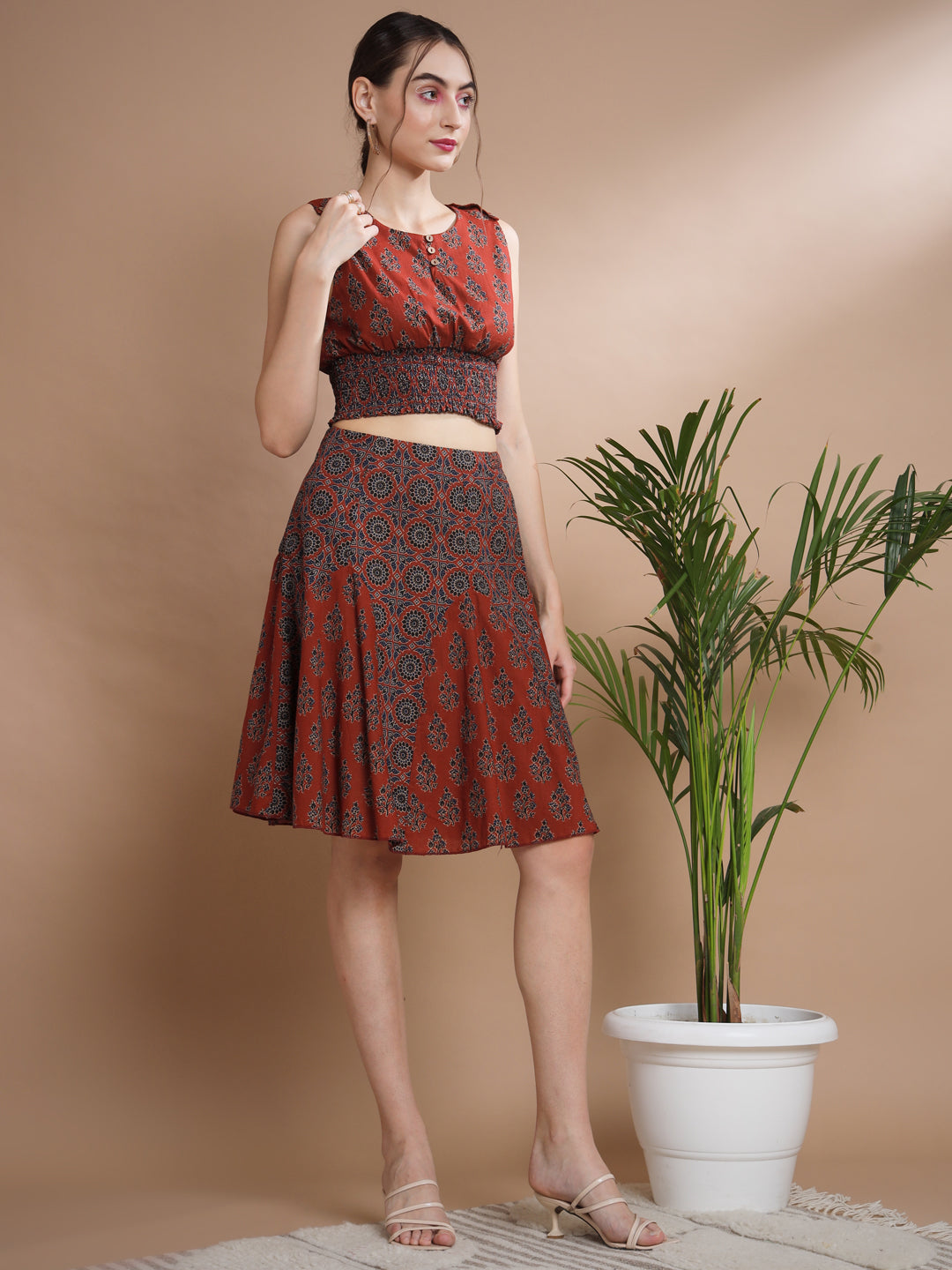 Women's Rust Round Neck Top With Skirt