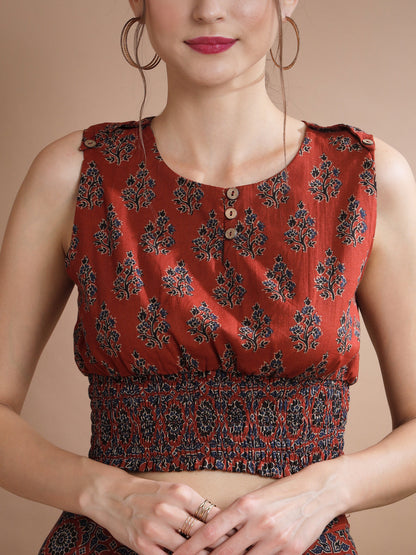 Women's Rust Round Neck Top With Skirt