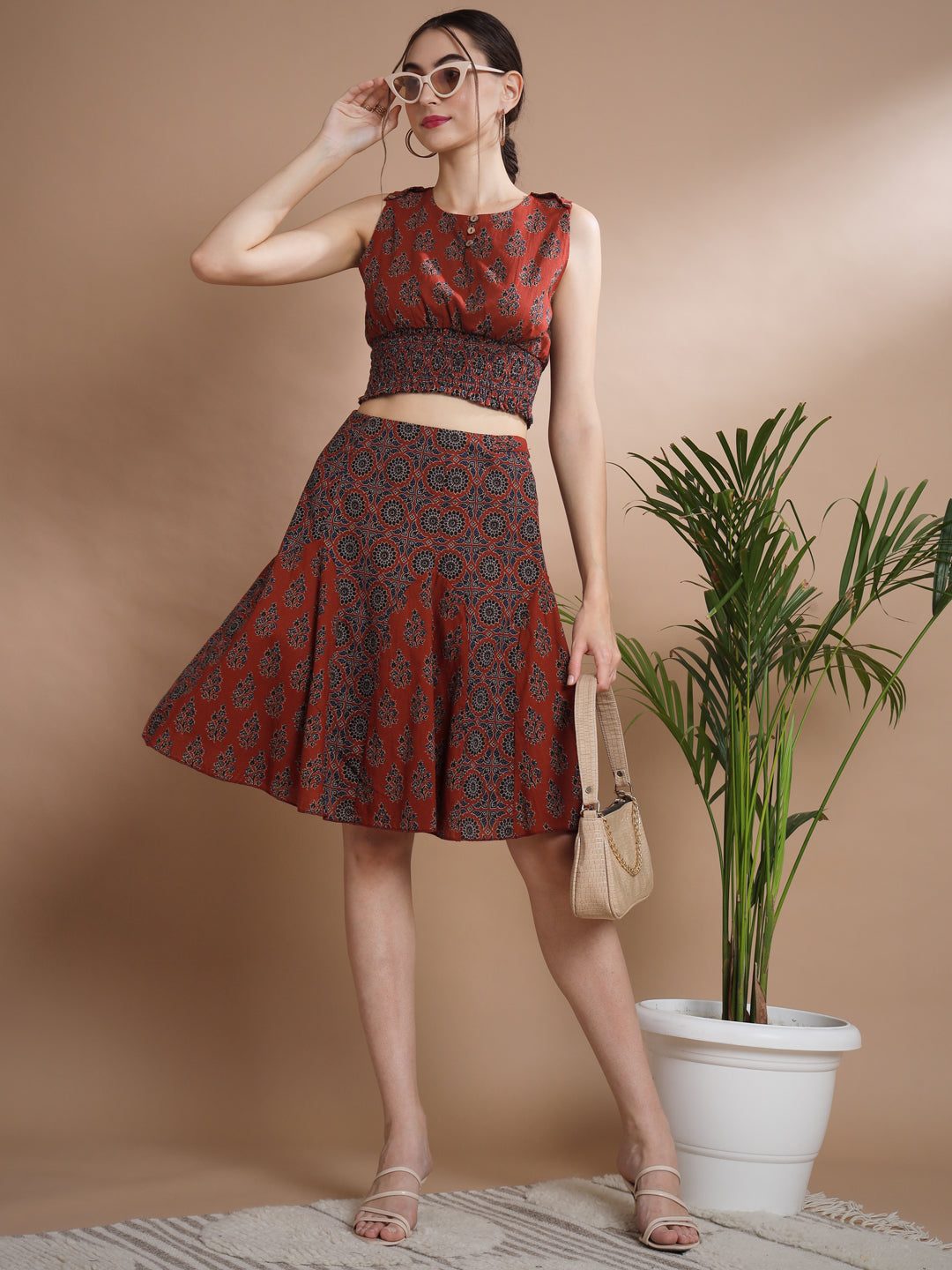 Women's Rust Round Neck Top With Skirt