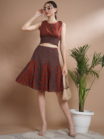 Women's Rust Round Neck Top With Skirt