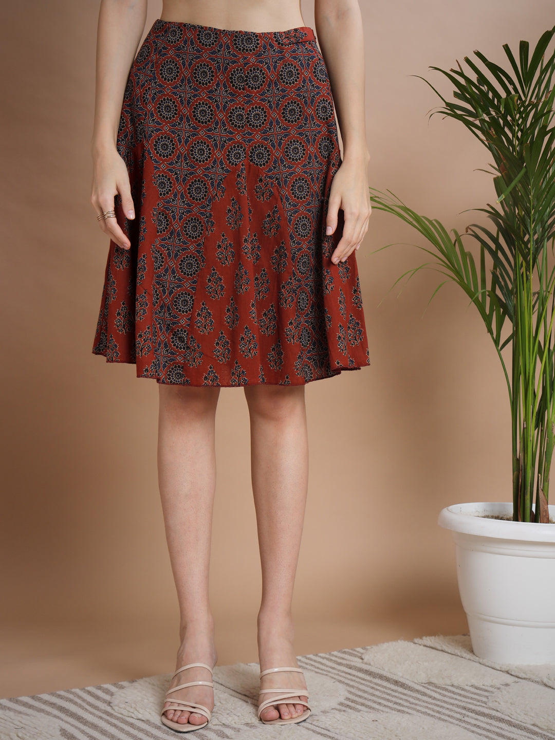 Women's Rust Round Neck Top With Skirt