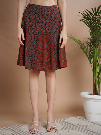Women's Rust Round Neck Top With Skirt