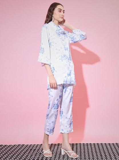Women's Blue High Neck Top With Trousers