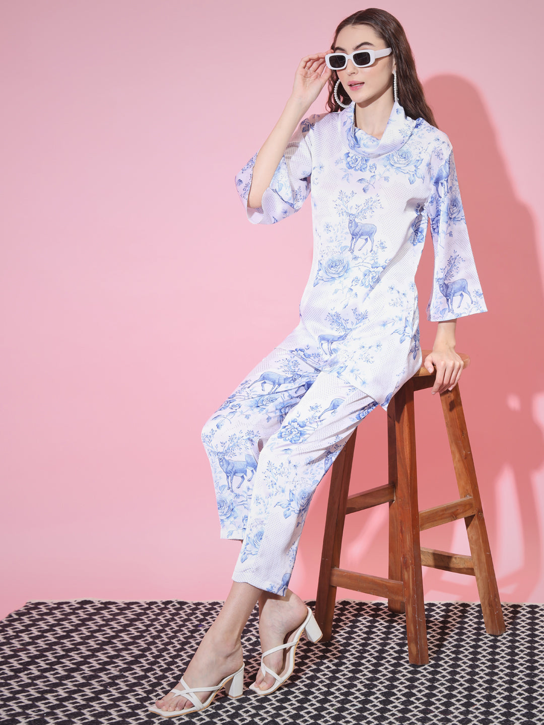 Women's Blue High Neck Top With Trousers