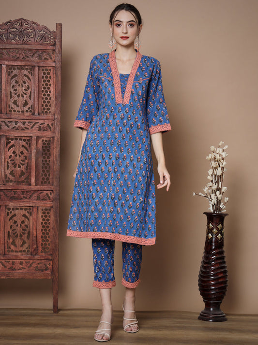 Women's Blue Straight Kurta & Trousers