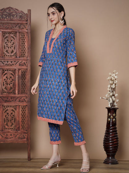 Women's Blue Straight Kurta & Trousers