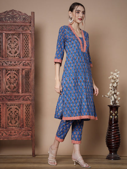 Women's Blue Straight Kurta & Trousers