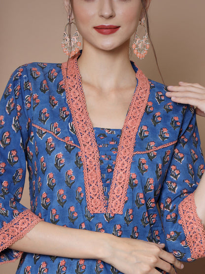 Women's Blue Straight Kurta & Trousers