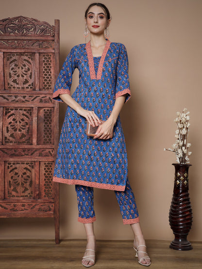 Women's Blue Straight Kurta & Trousers