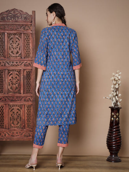 Women's Blue Straight Kurta & Trousers