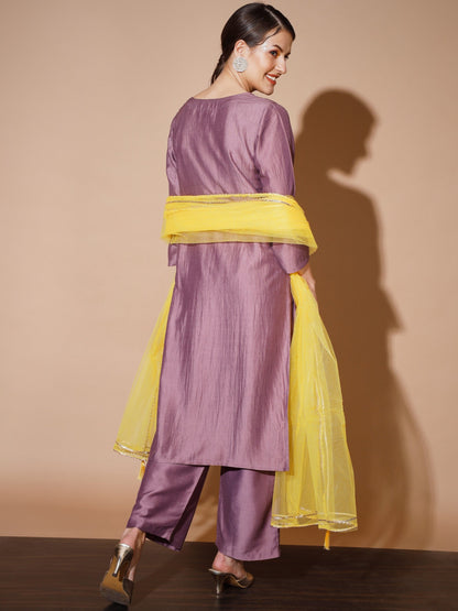 Women's Mauve Solid Kurta & Palazzos With Dupatta