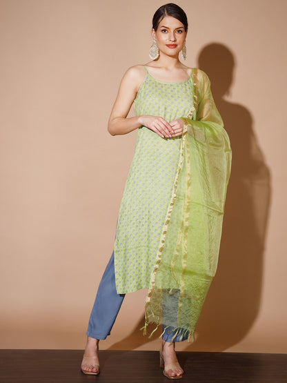 Women's Green Printed Kurta & Trousers With Dupatta