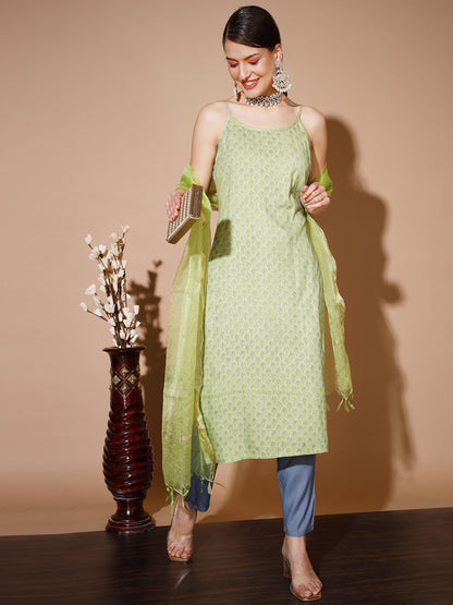Women's Green Printed Kurta & Trousers With Dupatta