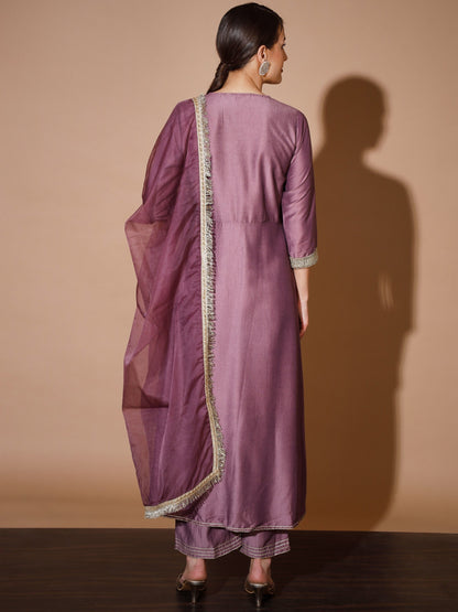 Women's Mauve Solid Kurta & Palazzos With Dupatta