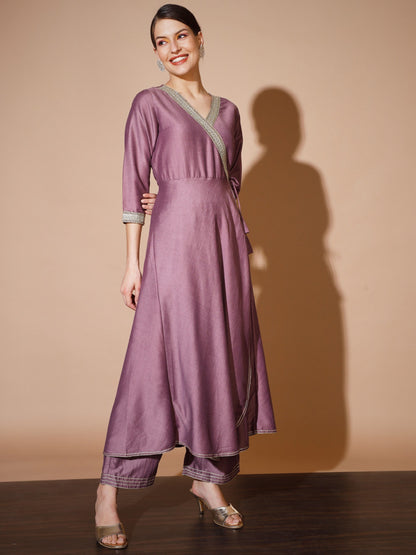 Women's Mauve Solid Kurta & Palazzos With Dupatta