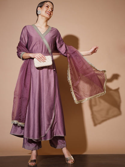 Women's Mauve Solid Kurta & Palazzos With Dupatta