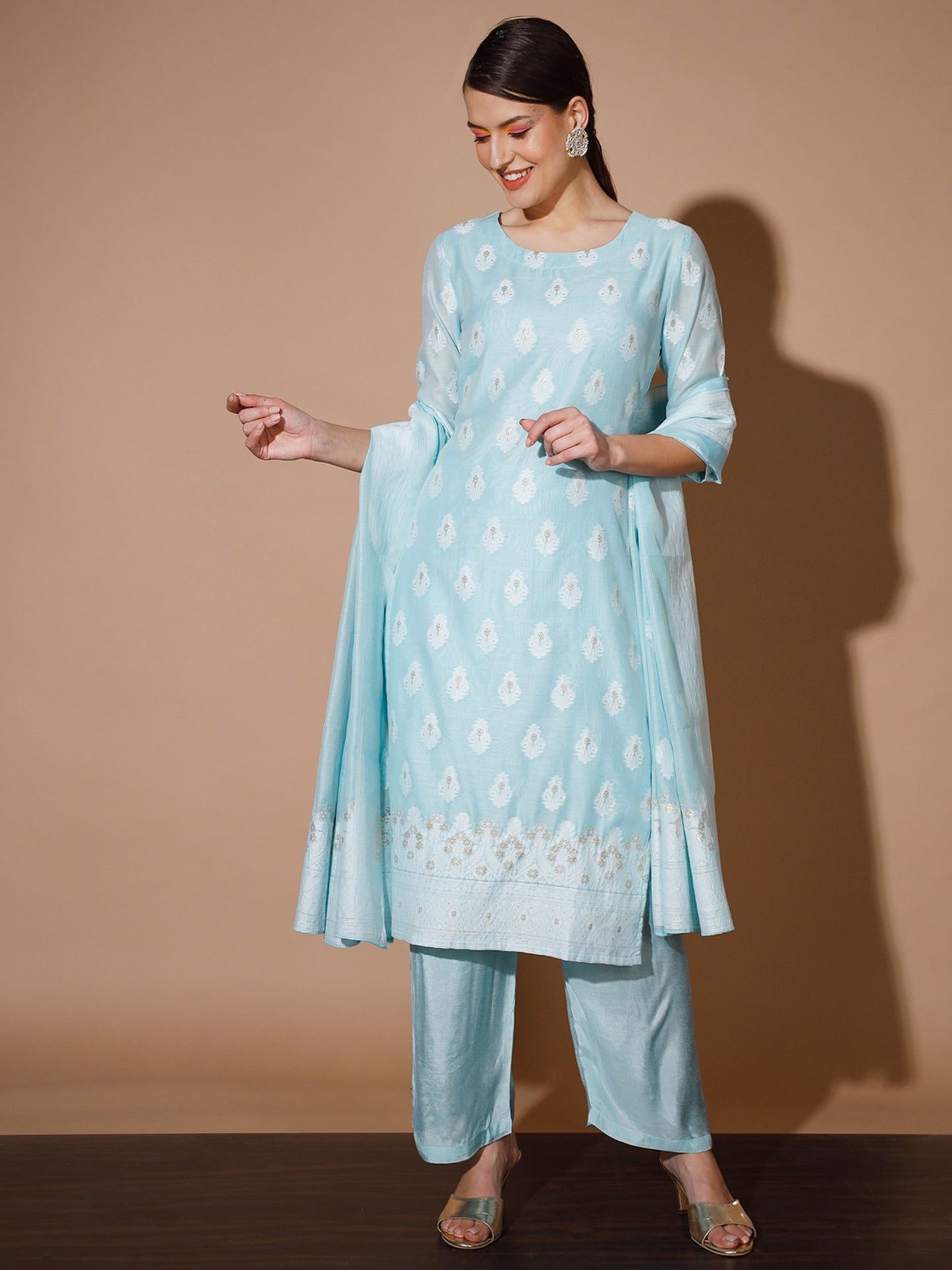 Women's Blue Printed Kurta & Palazzos With Dupatta