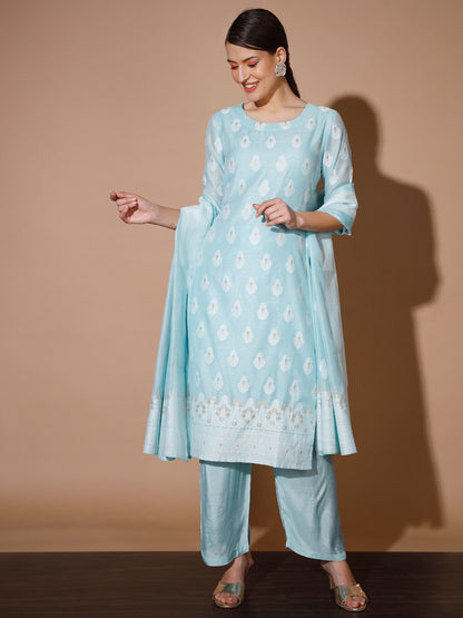 Women's Blue Printed Kurta & Palazzos With Dupatta